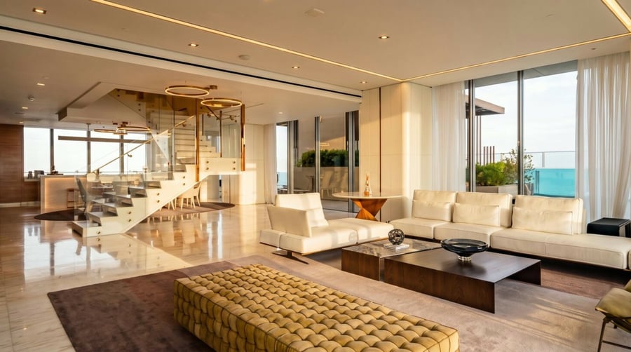 Double-height living room with staircase
