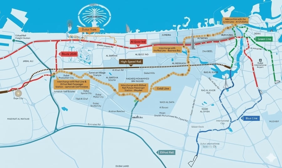 Dubai Metro Gold Line map